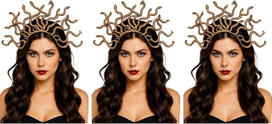 Labreeze Set of 3 Gold Greek Gorgon Snake Headbands – 40x28 cm Medusa-Inspired Costume Accessories for Halloween, Cosplay & Mythology-Themed Events