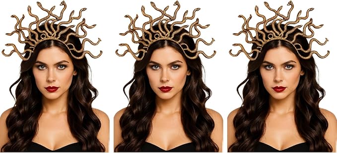 labreeze 3-Pack Gold Medusa Snake Headbands for Women – Greek Gorgon Mythology Fancy Dress Accessories – Adult Costume Set for Halloween, Cosplay & Themed Parties