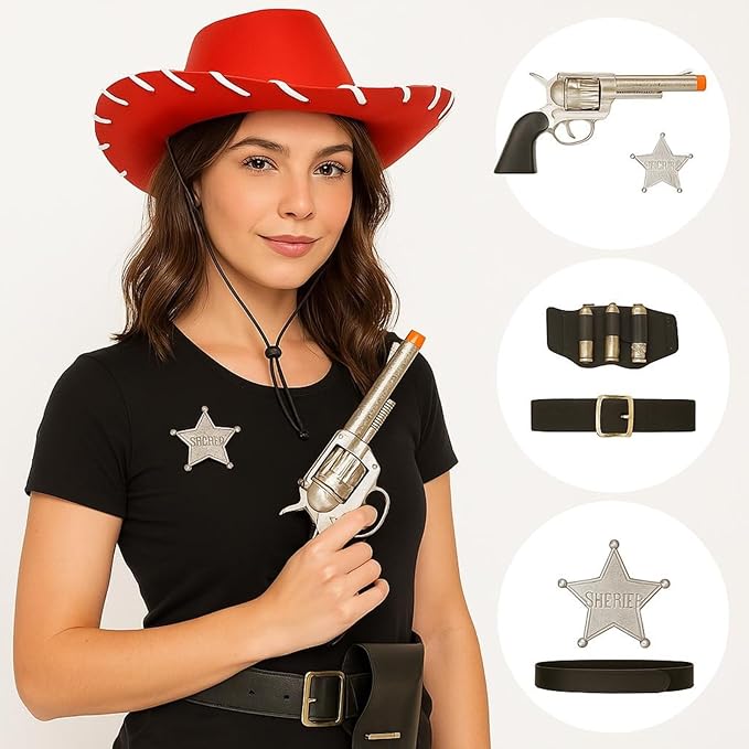 labreeze Couples Cowboy Sheriff Costume Set – Red & Brown Hat with Accessories – Western Fancy Dress