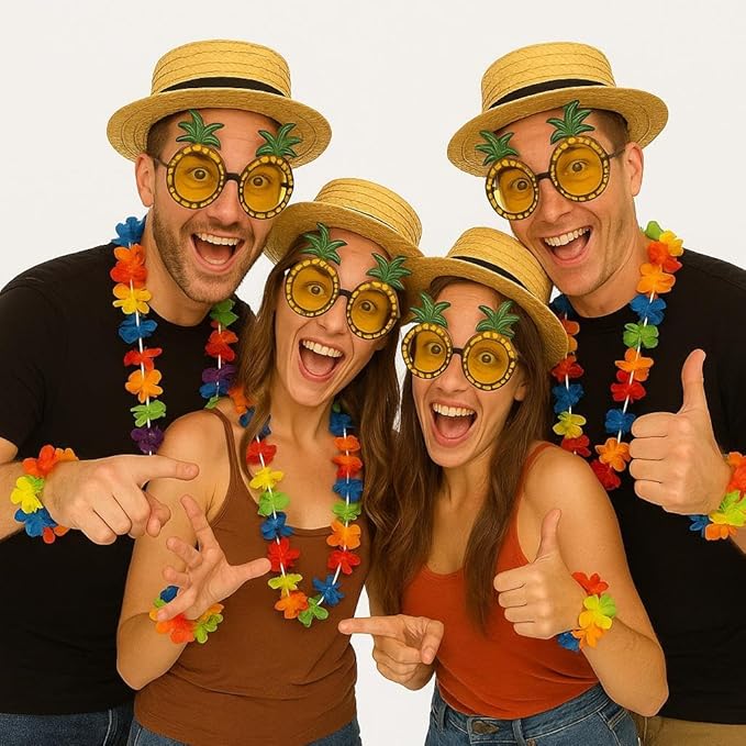 labreeze 4-Person Hawaiian Fancy Dress Set – Straw Boater Hats, Pineapple Glasses & Hula Leis – 4 Piece Luau Accessories Kit for Adults, Beach Party & Summer BBQ