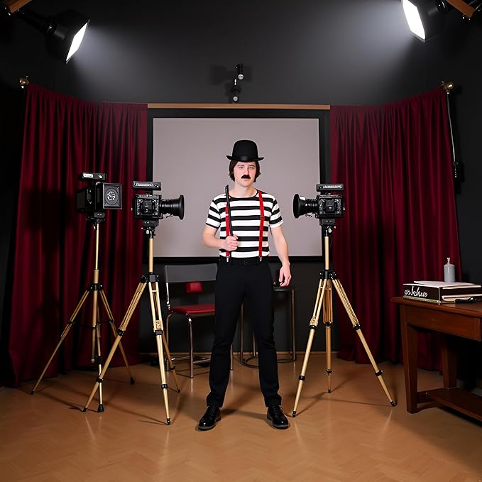 labreeze Men’s Charlie Chaplin Costume Accessory Set – Bowler Hat, Black Bow Tie, Red Braces, Black Cane & Moustache – 5-Piece Fancy Dress Kit for Adults, Theatre, Cosplay & Comedy Events