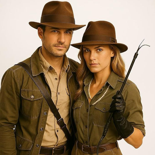 Labreeze Brown Explorer Hat Set for Couples with Black Bull Whip – 3-Piece Indiana Jones Jungle Safari Costume Accessories for Fancy Dress, Cosplay & Halloween