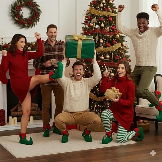 labreeze Pack of 5 Adult Deluxe Elf Boots – Green & Red Plush Christmas Elf Shoes