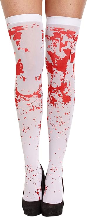 Adult Bloody Stockings – Above the Knee Hold Ups (White) – Blood Stained Women’s Halloween Fancy Dress Accessories for Zombie Bride, Nurse, School Girl & Cheerleader Costumes