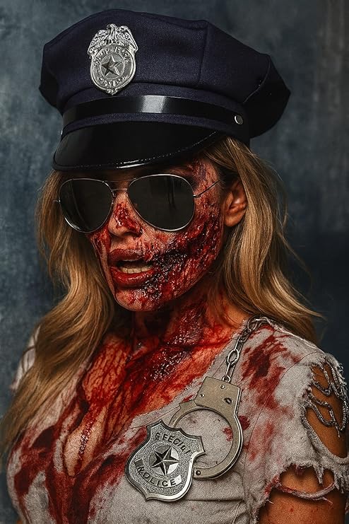Women’s Zombie Police Costume Accessories Set – Includes Police Hat, Badge, Handcuffs, Black Sunglasses and Fake Blood – Halloween Fancy Dress Kit for Girls & Ladies