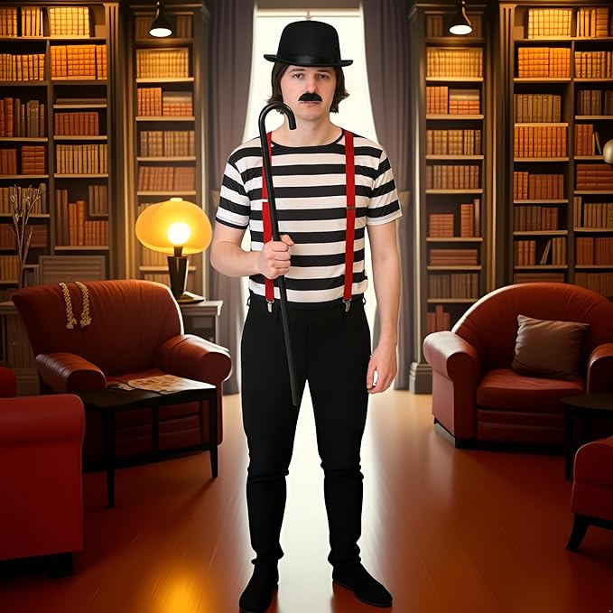 labreeze Men’s Charlie Chaplin Costume Accessory Set – Bowler Hat, Black Bow Tie, Red Braces, Black Cane & Moustache – 5-Piece Fancy Dress Kit for Adults, Theatre, Cosplay & Comedy Events