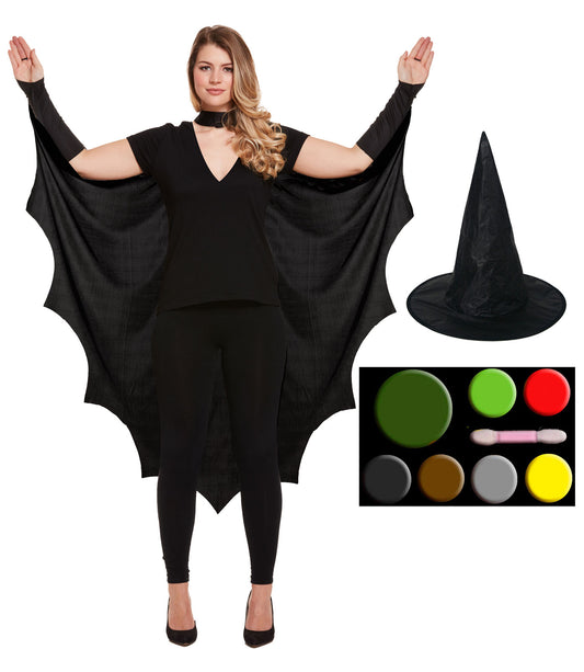 Adult Bat Cape with Witch Hat and Multi-Pallet Makeup - Halloween Costume Set for Men and Women