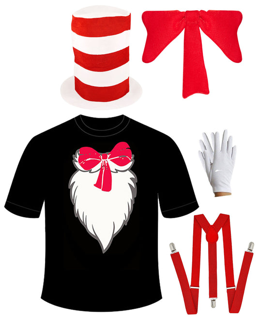 Premium Adult Cat Printed Black T-Shirt with Tall Red & White Top Hat, Red Braces, and White Gloves - Unique Feline Fashion Statement