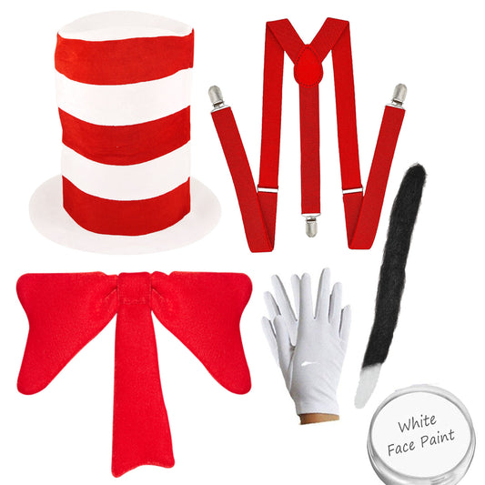 Stand Out with Our Adult's Tall Red and White Top Hat, Red Braces, Big Red Crazy Bow Tie, White Gloves, Face Paint, and Cat Tail Ensemble - Perfect for Costume Parties
