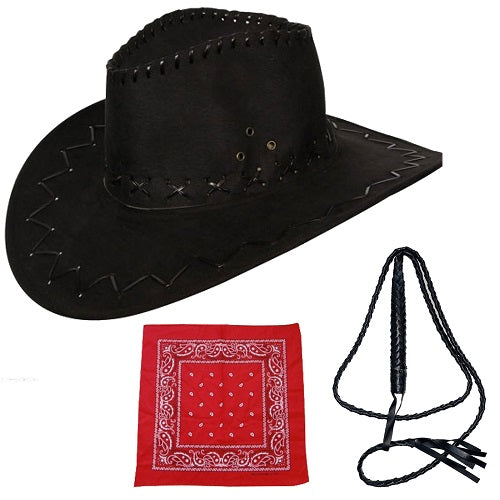 Black Cowboy Hat with Bandana and Braided Whip Set - Western Style Men's Rodeo Accessories for a Bold and Authentic Look