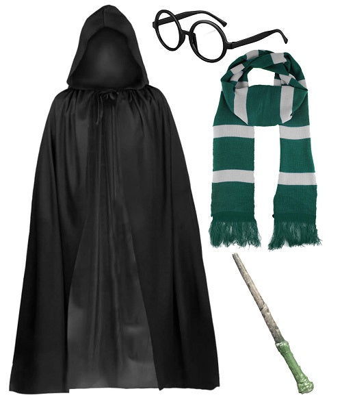 Black Hooded Cape Evil Wizard Costume Set - Scarf, Glasses, and Wand Included for a Spellbinding Halloween Look