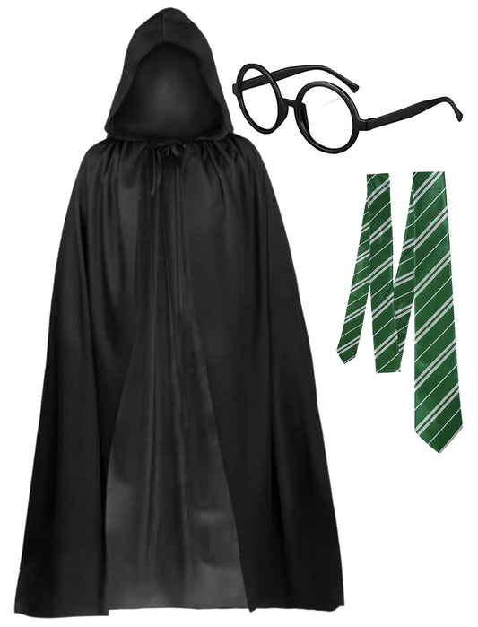 Black Hooded Cape Evil Wizard Costume - Includes Tie and Glasses - Halloween Dress-Up Set for Adults