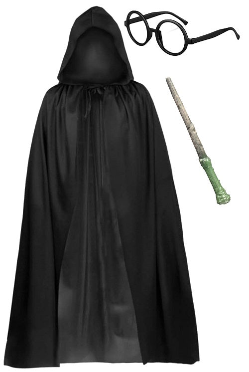 Mystical Black Hooded Cape with Glasses and Wand - Complete Wizard Costume Set for a Magical Halloween Transformation