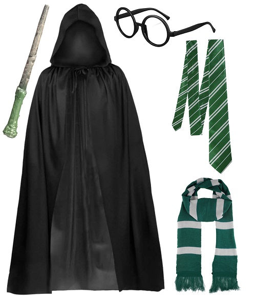 Enchanting Black Hooded Cape Wizard Costume Set - Green and White Scarf, Tie, Glasses, and Wand for a Magical Halloween Transformation