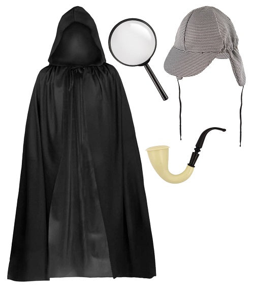 Halloween LookSleek Black Hooded Cape Detective Costume Set - Includes Hat, Magnifying Glass, and Pipe for a Mysterious and Elegant