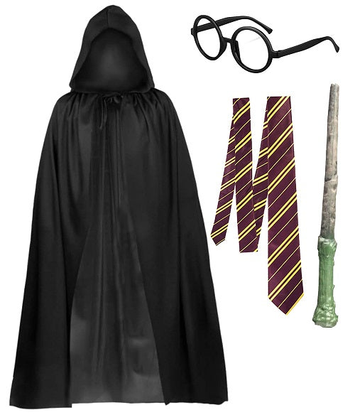 Complete Wizard Costume Set - Black Hooded Cape with Tie, Wand, and Glasses - Adult Halloween Dress-Up Kit for a Mystical Transformation