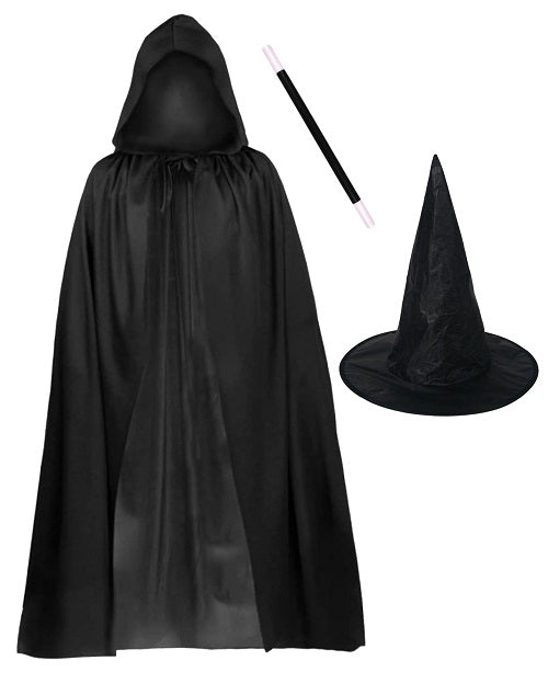 Complete Witch Costume Set - Black Hooded Cape, Witch Hat, and Magic Wand - Adult Halloween Dress-Up Kit for a Spellbinding Transformation