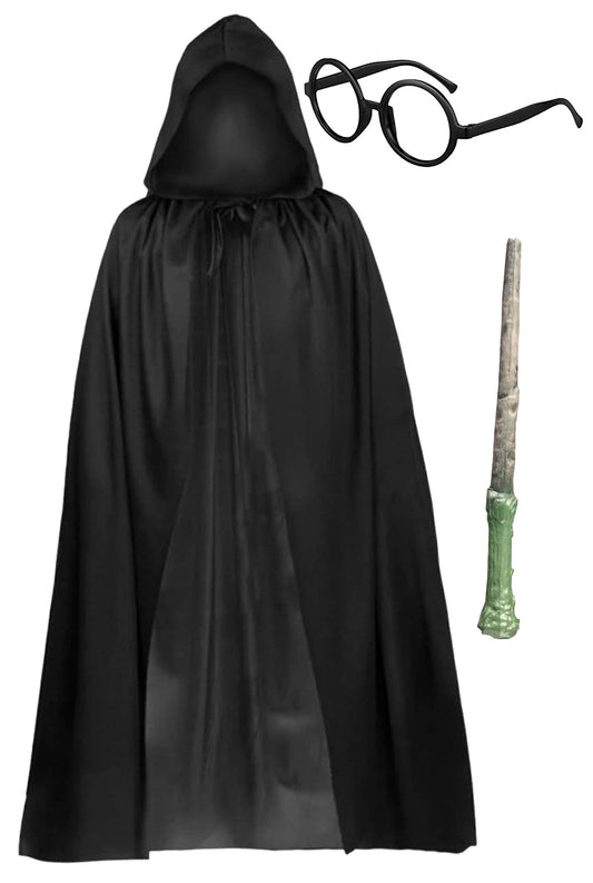 Unisex Black Hooded Cape with Schoolboy Wizard Glasses & Magic Wand - Halloween Costume Accessories