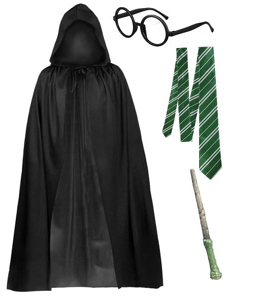 Complete Witch Costume Set - Black Hooded Cape, Witch Hat, Magic Wand, and White Gloves - Adult Halloween Dress-Up Kit for a Bewitching Transformation