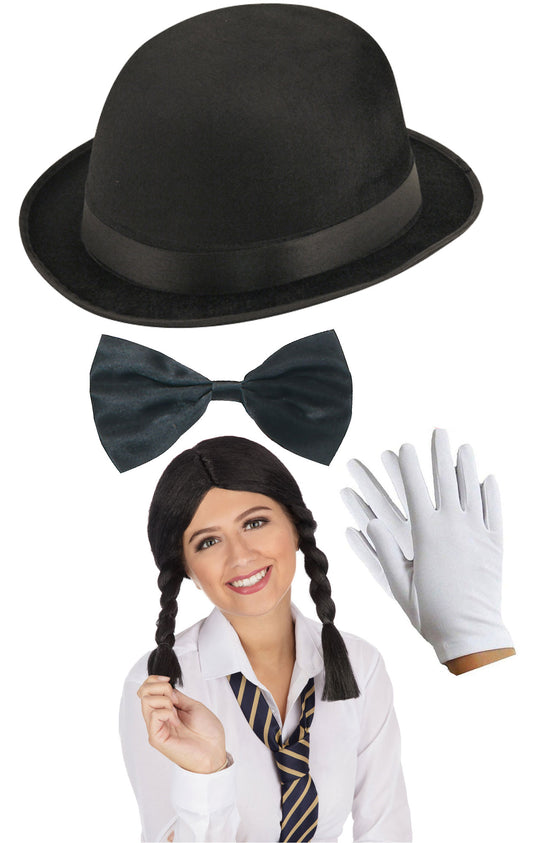 Classic Black Bowler Hat with Schoolgirl Black Wig, White Gloves, and Bow Tie Set - Complete Costume Ensemble for Timeless Style
