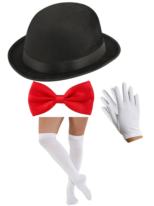 Classic Black Bowler Hat with Red Bow Tie, White Socks, and Gloves - Complete Costume Set for Timeless Style