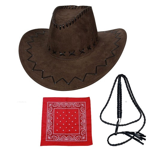Premium Brown Cowboy Hat with Bandana and Braided Whip - Western Style Men's Rodeo Accessories for Authentic Wild West Fashion