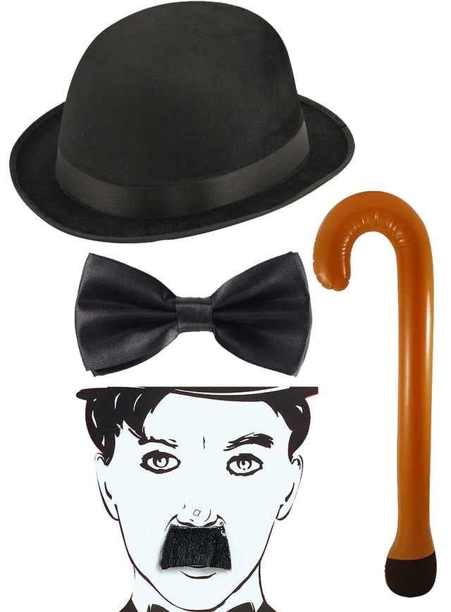 Labreeze Adults Charlie Chaplin Fancy Dress Costume Set – Black Bowler Hat, Inflatable Walking Stick, Bow Tie & Moustache – World Book Day & World Book Week