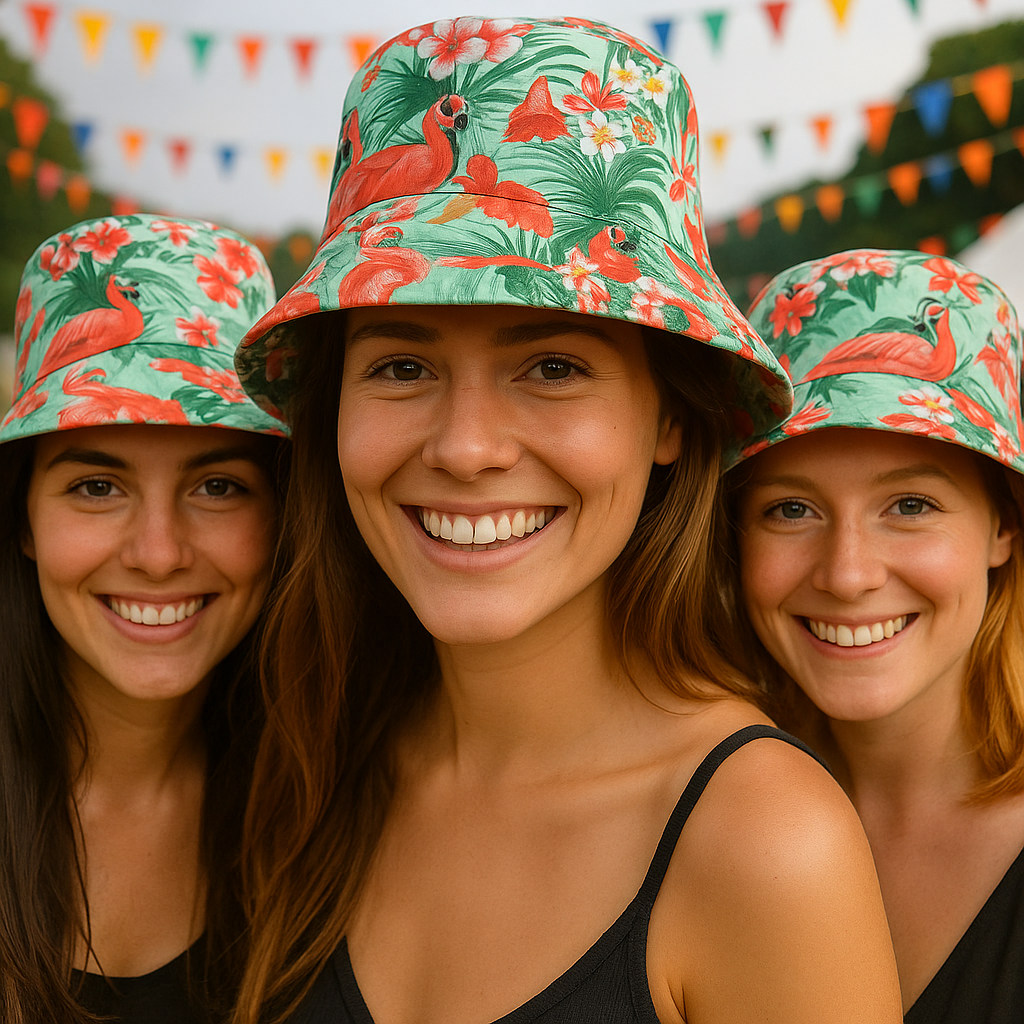 Set of 3 Flamingo Bucket Hats for Women – Tropical Pink Summer Hats with Palm Leaf Print – Fun Beach, Pool, Holiday & Festival Accessories by labreeze