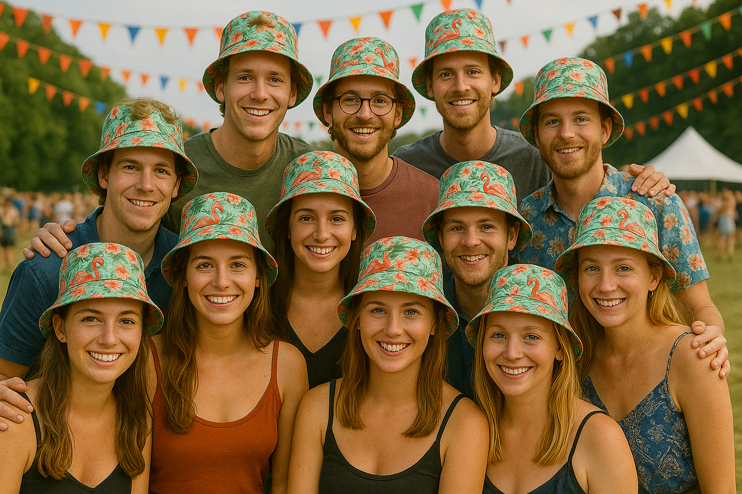 Set of 12 Flamingo Bucket Hats for Group– Tropical Palm Leaf Print Hats – Group Fancy Dress Summer Accessories for Hen Parties, Beach Holidays, Festivals & Pool Events by labreeze