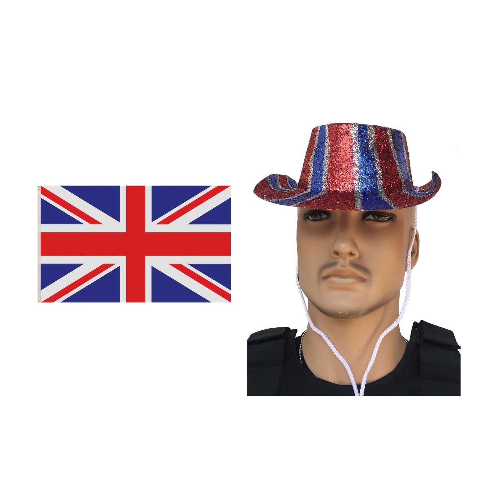 England Party Set – England Glitter Hat, Union Jack 5ft x 3ft Flag complete set on white background