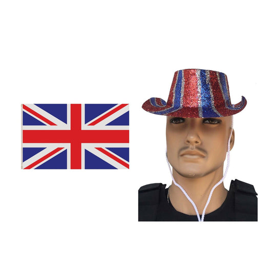 England Party Set – England Glitter Hat, Union Jack 5ft x 3ft Flag complete set on white background