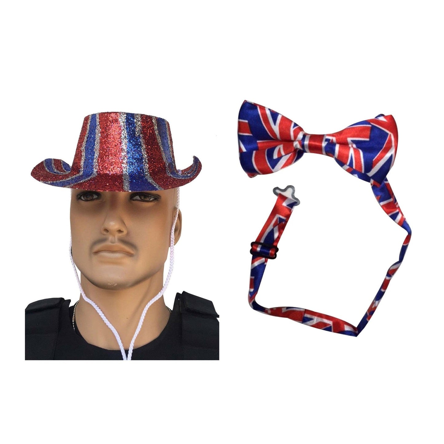 England Party Set – England Glitter Hat, Union Jack Bow Tie complete set on white background