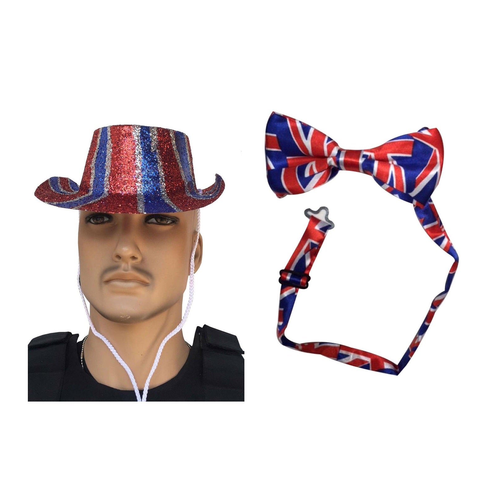 England Party Set – England Glitter Hat, Union Jack Bow Tie complete set on white background