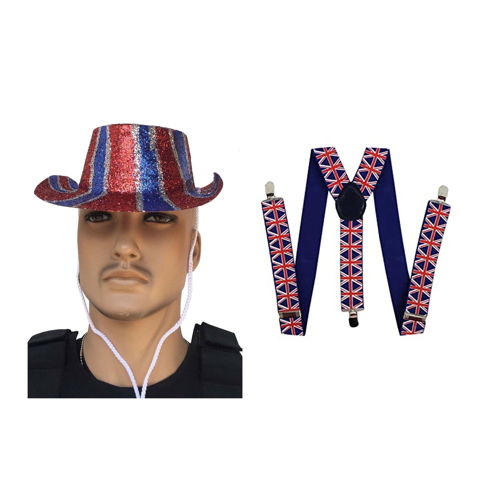 England Party Set – England Glitter Hat, Union Jack Braces complete set on white background