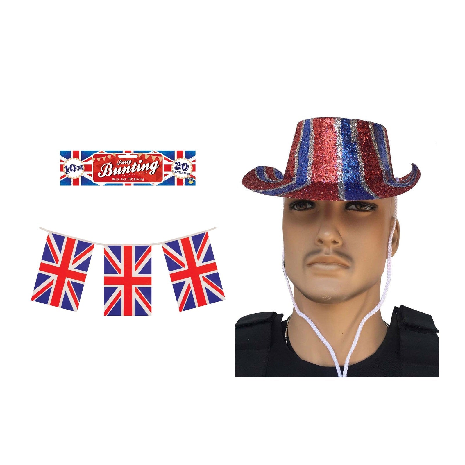 England Party Set – England Glitter Hat, Union Jack Flag Bunting complete set on white background