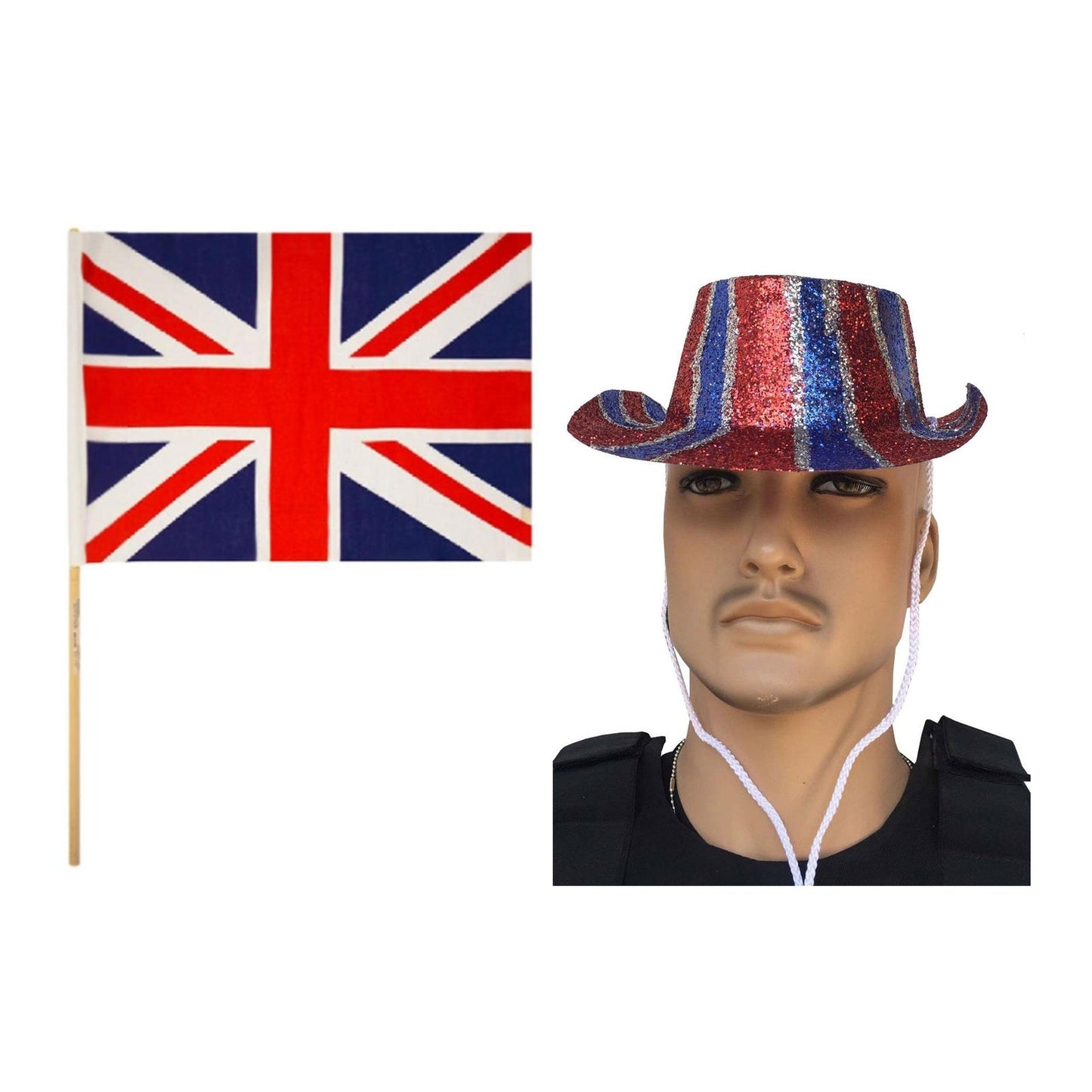 England Party Set – England Glitter Hat, Union Jack Hand Flag complete set on white background