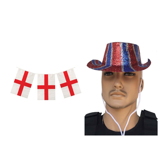 England Party Set – England Glitter Hat, England St George 10m Bunting complete set on white background