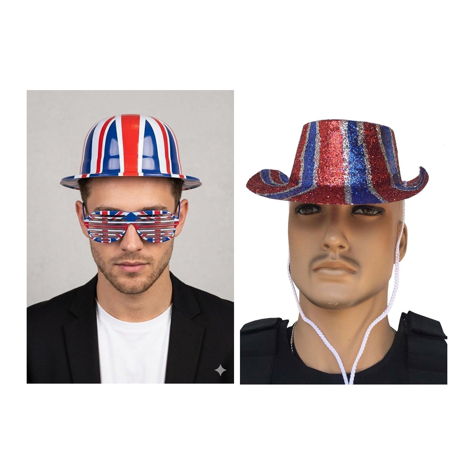 England Party Set – England Glitter Hat, Union Jack Bowler Hat & Shutter Glasses complete set on white background