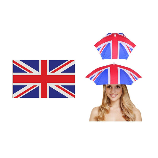 England Party Set – Union Jack Umbrella Hat, Union Jack 5ft x 3ft Flag complete set on white background