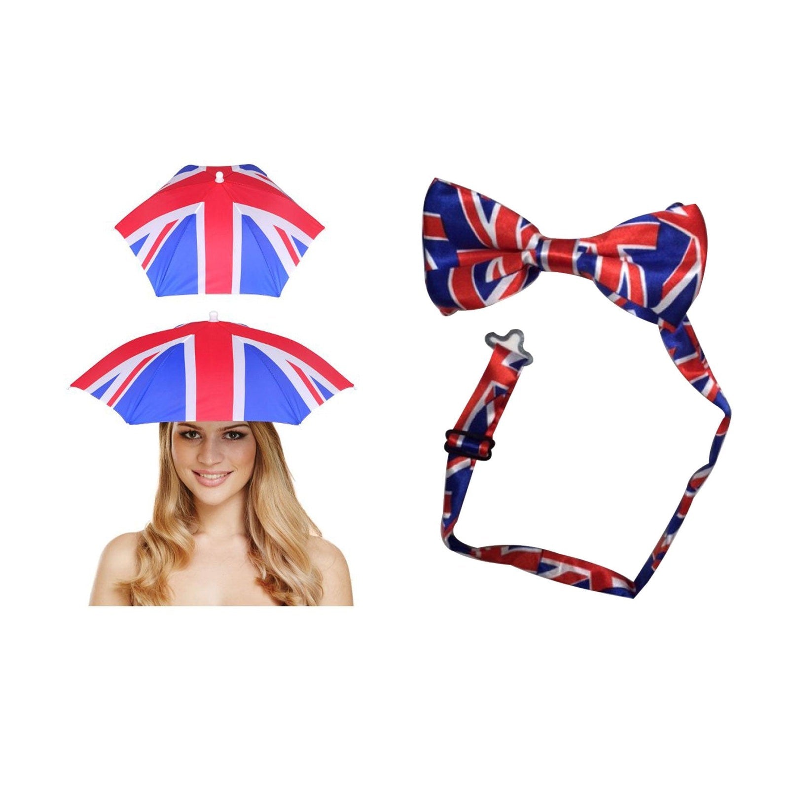 England Party Set – Union Jack Umbrella Hat, Union Jack Bow Tie complete set on white background