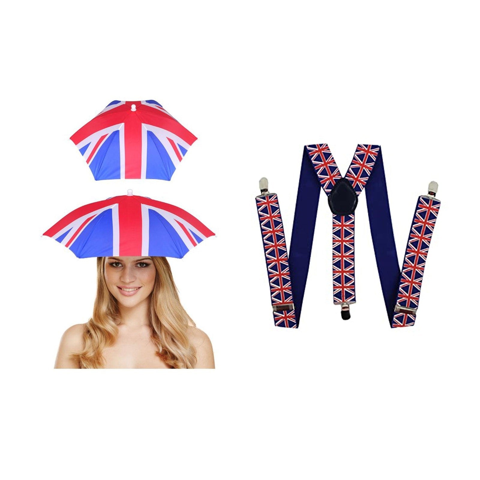 England Party Set – Union Jack Umbrella Hat, Union Jack Braces complete set on white background