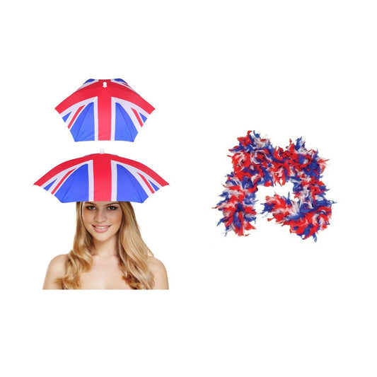 England Party Set – Union Jack Umbrella Hat, Union Jack Feather Boa complete set on white background