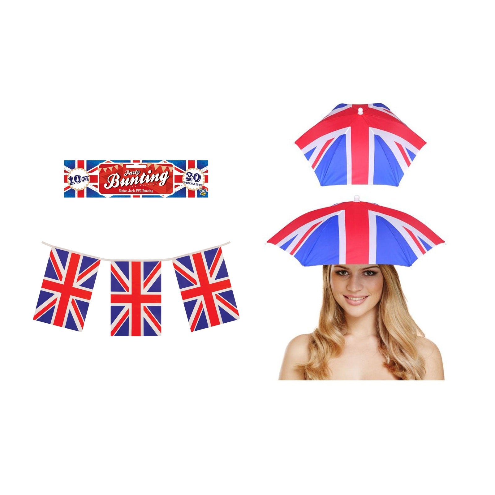 England Party Set – Union Jack Umbrella Hat, Union Jack Flag Bunting complete set on white background