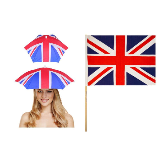 England Party Set – Union Jack Umbrella Hat, Union Jack Hand Flag complete set on white background