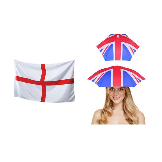 England Party Set – Union Jack Umbrella Hat, England St George 5ft x 3ft Flag complete set on white background