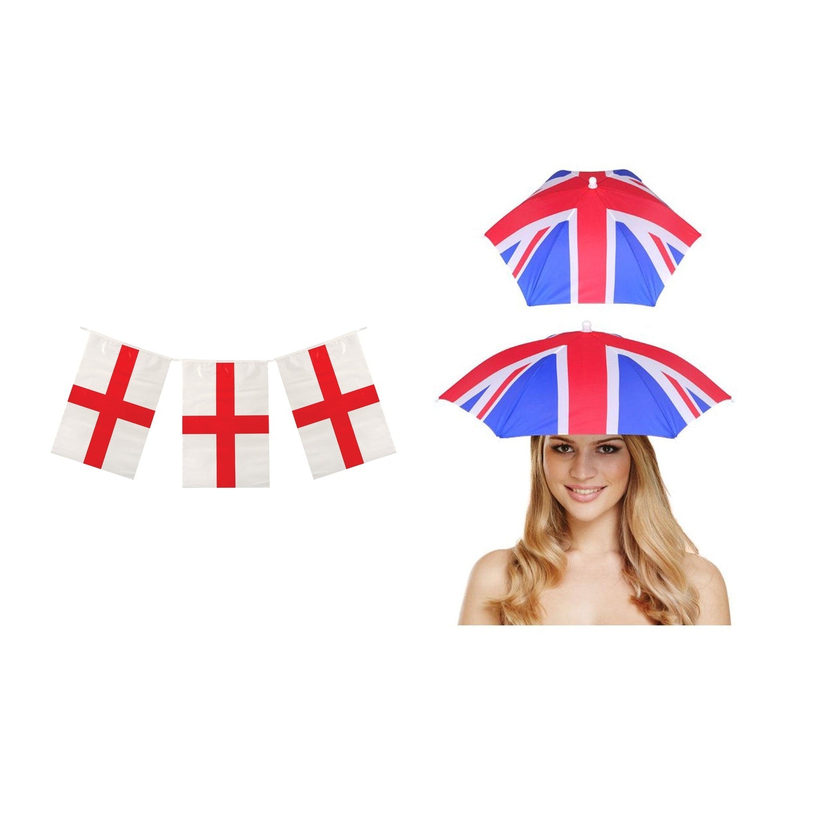 England Party Set – Union Jack Umbrella Hat, England St George 10m Bunting complete set on white background