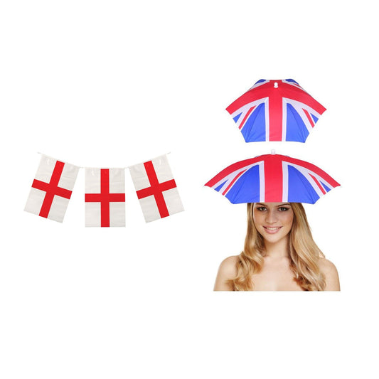 England Party Set – Union Jack Umbrella Hat, England St George 10m Bunting complete set on white background