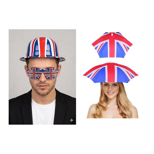 England Party Set – Union Jack Umbrella Hat, Union Jack Bowler Hat & Shutter Glasses complete set on white background