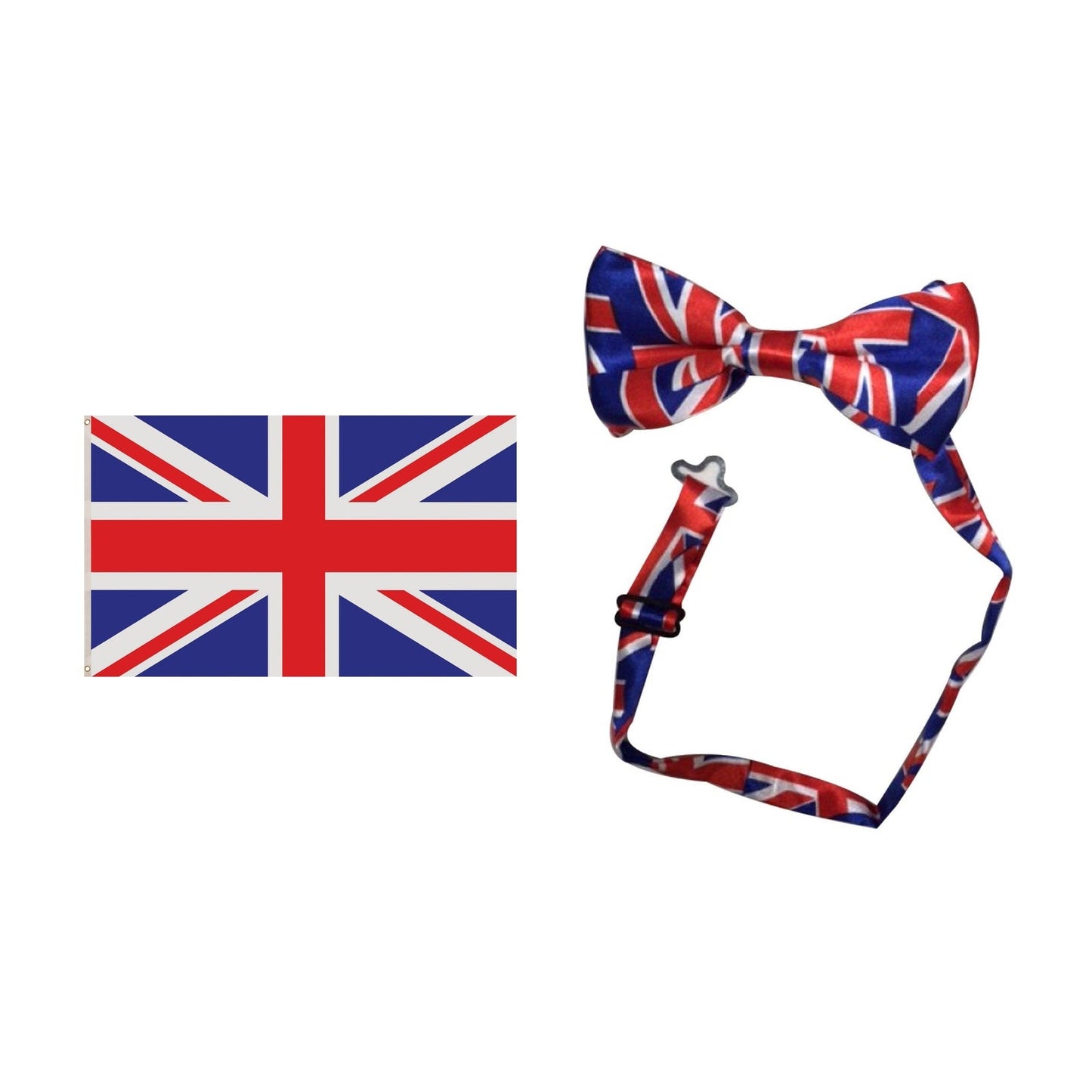 England Party Set – Union Jack 5ft x 3ft Flag, Union Jack Bow Tie complete set on white background