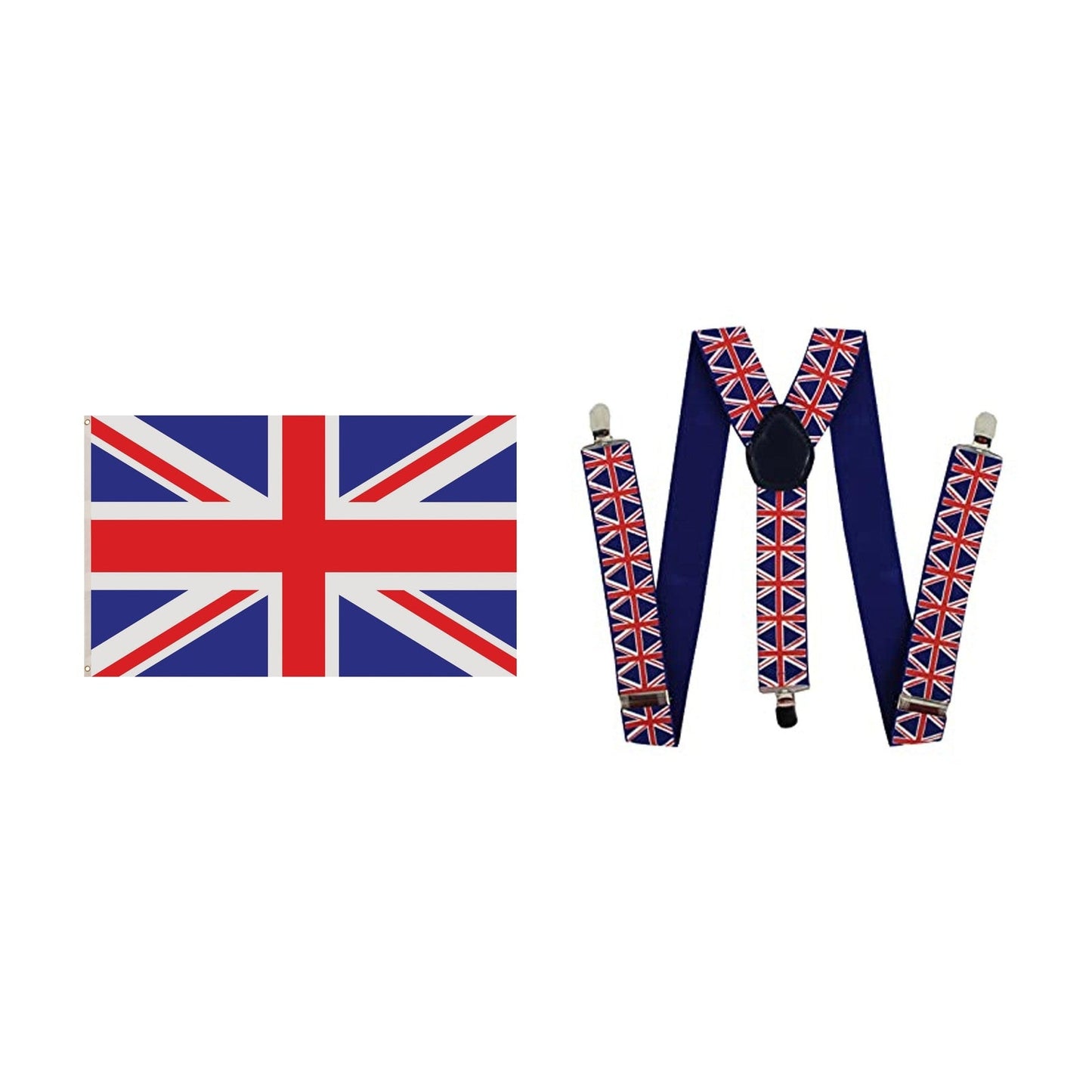 England Party Set – Union Jack 5ft x 3ft Flag, Union Jack Braces complete set on white background